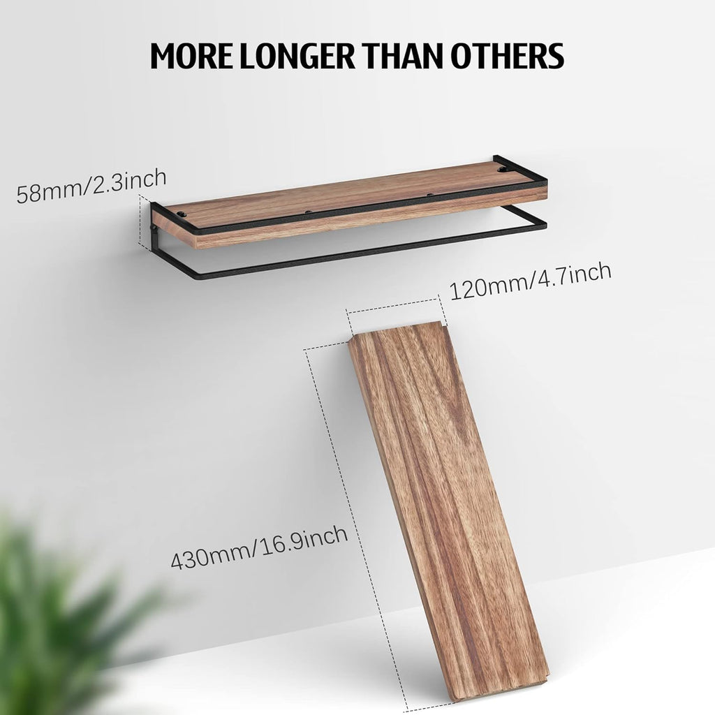 Meangood Floating Shelves Wall Mounted Set of 2, Wall Shelf with Towel Bar Rustic Wood Wall Storage Shelves for Bedroom,Living Room,Bathroom, Kitchen Torched Wood