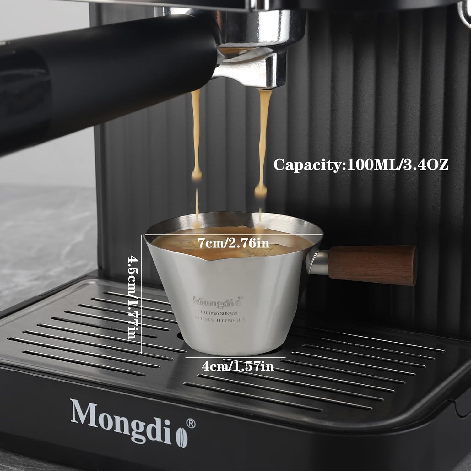 Mongdio Espresso Measuring Cup, Stainless Steel Espresso Shot Cups with Wooden Handle and Double Spouts, 3.4OZ/100ML, Silver