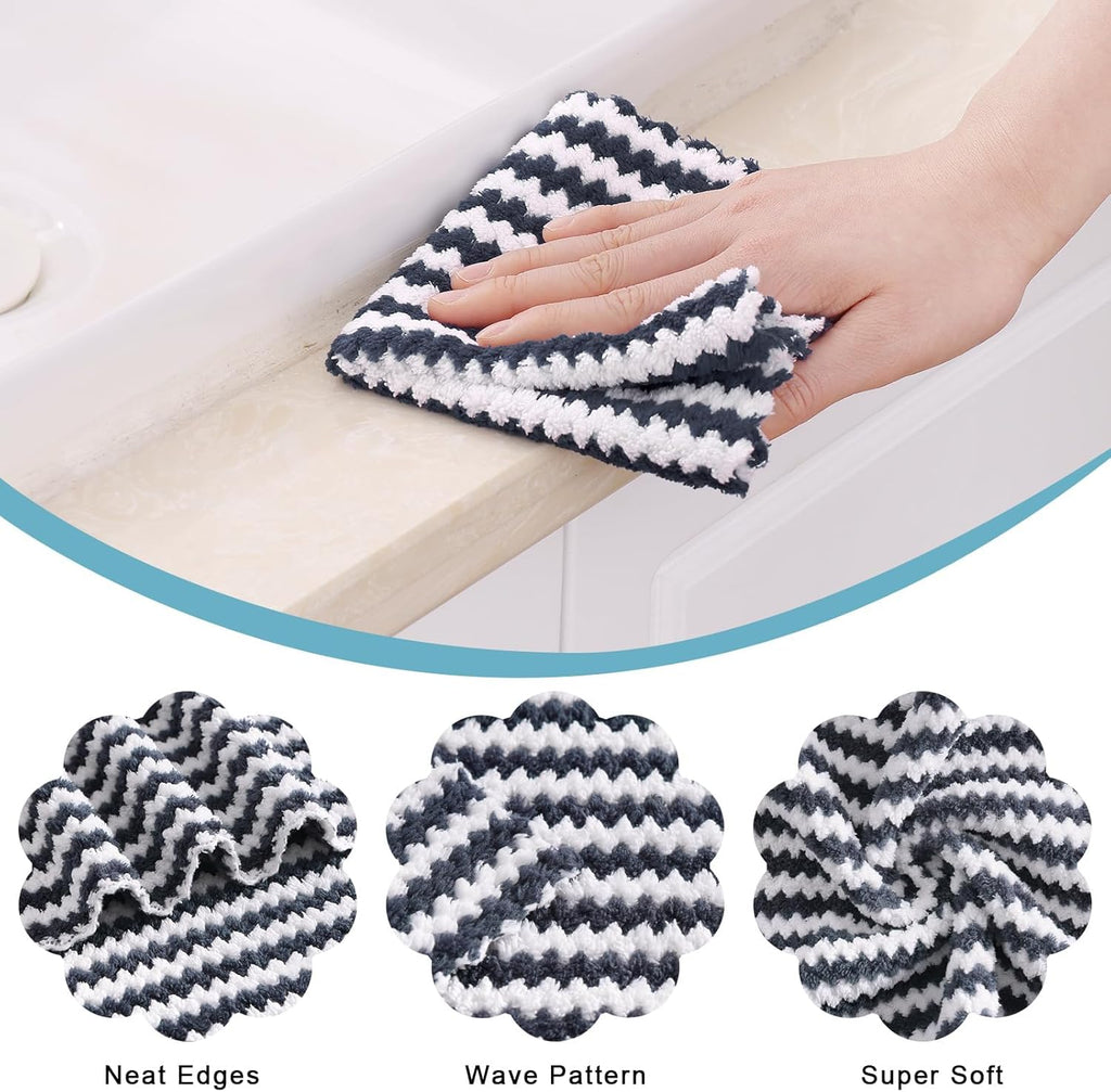 Homaxy 18 Pack Kitchen Dish Cloths, Ultra Soft and Absorbent Dish Towels, Reusable Fast Drying Microfiber Cleaning Cloth, Coral Velvet Wave Design No-lint, 10 x 10 inches, Dark Grey/Navy Blue/Beige
