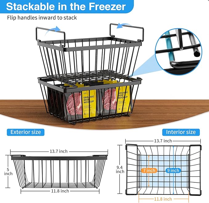 Freezer Organizers bins with Folding Handles，4 Pack Stackable Upright Freezer Organizers baskets for 5-7 Cu.Ft Deep Freezer Storage, Increased Space for Food Storage, Easy to access，Black