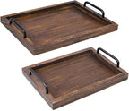 LIBWYS Rustic Wooden Serving Trays with Handle-Set of 2-Decorative Nesting Food Board Platters for Breakfast, Coffee Table/Butler (Large 15.8x11.8x1.2 inches, Small 13.4x9.4 x1.2 inches)