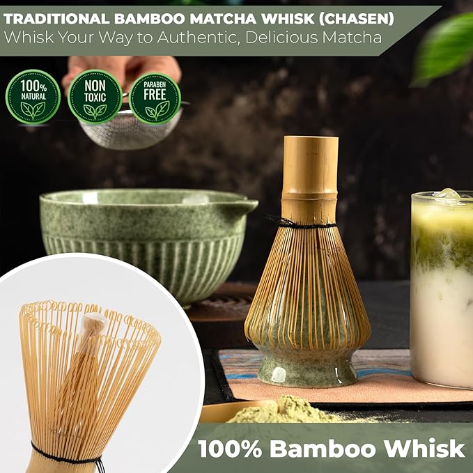 Matcha Whisk Set,7-Piece Japanese Matcha Tea Set with Ceramic Bowl, Whisk Holder, Bamboo Scoop, Sifter-Cloth Mat – Traditional Green Tea Kit for Gifts, Daily Use