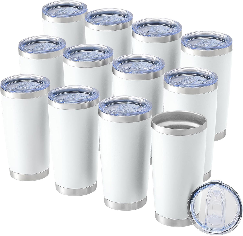 OMTech 20oz Tumblers Bulk, 12pc Stainless Steel Tumbler Set with Lid & Straw, Double Wall Vacuum Insulated Mug for Laser Engraver, Travel Coffee Mug for Hot & Cold Drinks, White Powder Coated Cup