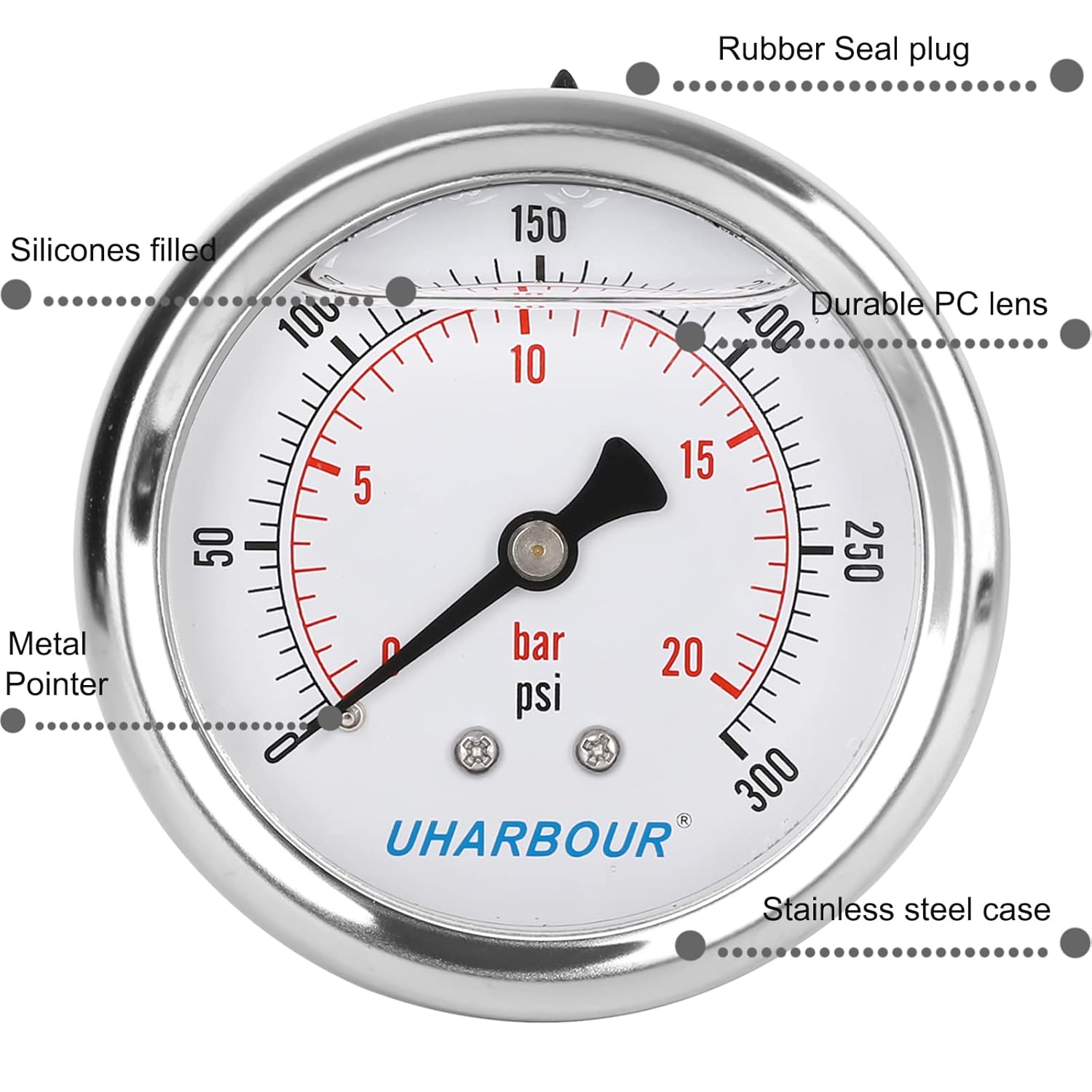 Glycerin Filled Pressure Gauge 200psi/14bar, Stainless Steel case, Brass Inside Construction, 2-1/2" dial, 1/4" NPT Back Connection.…