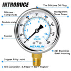 MEANLIN MEASURE 0~160Psi Stainless Steel 1/4" NPT 2.5" FACE DIAL Liquid Filled Pressure Gauge WOG Water Oil Air Lower Mount (Pack of 2), with 1/2" NPT and 3/8" NPT Hex Bushing