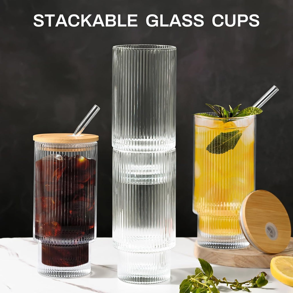 16OZ Ribbed Glass Cups with Lids and Straws,Iced Coffee Cups with Lid,Vintage Glassware for Whiskey Cocktail Beer Fruit Juice Glasses Tumbler(1Pack)