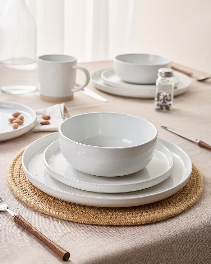 Famiware Milkyway Stoneware Dinnerware Sets with Mugs, Service for 6 (24 Pieces), Plates and Bowls Sets -Scratch Resistant, Microwave and Dishwasher Safe Dishes Set, White