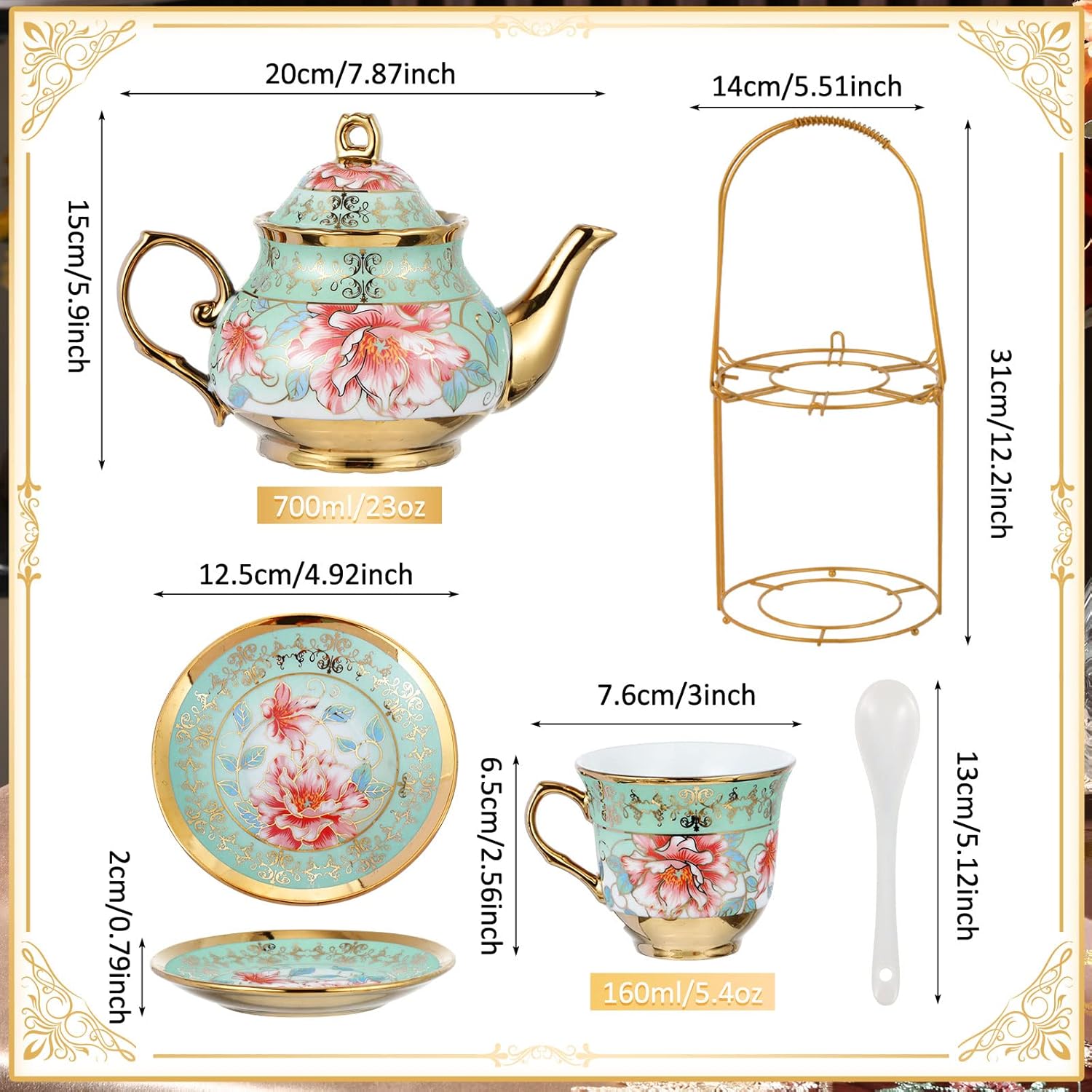 Zhehao 20 Pcs Porcelain Tea Set with Metal Holder and Spoon Adult Ceramic Tea Party Set European Flower Painting Teapot Cup Saucer Spoon Set for Women, Large Version(Fresh Style)