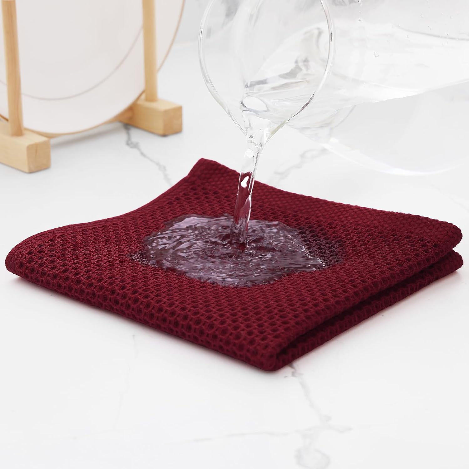 Kitinjoy 100% Cotton Kitchen Dish Cloths, 6 Pack Waffle Weave Ultra Soft Absorbent Dish Towels for Drying Dishes Quick Drying Kitchen Towels Dish Rags, 12 X 12 Inches, Burgundy