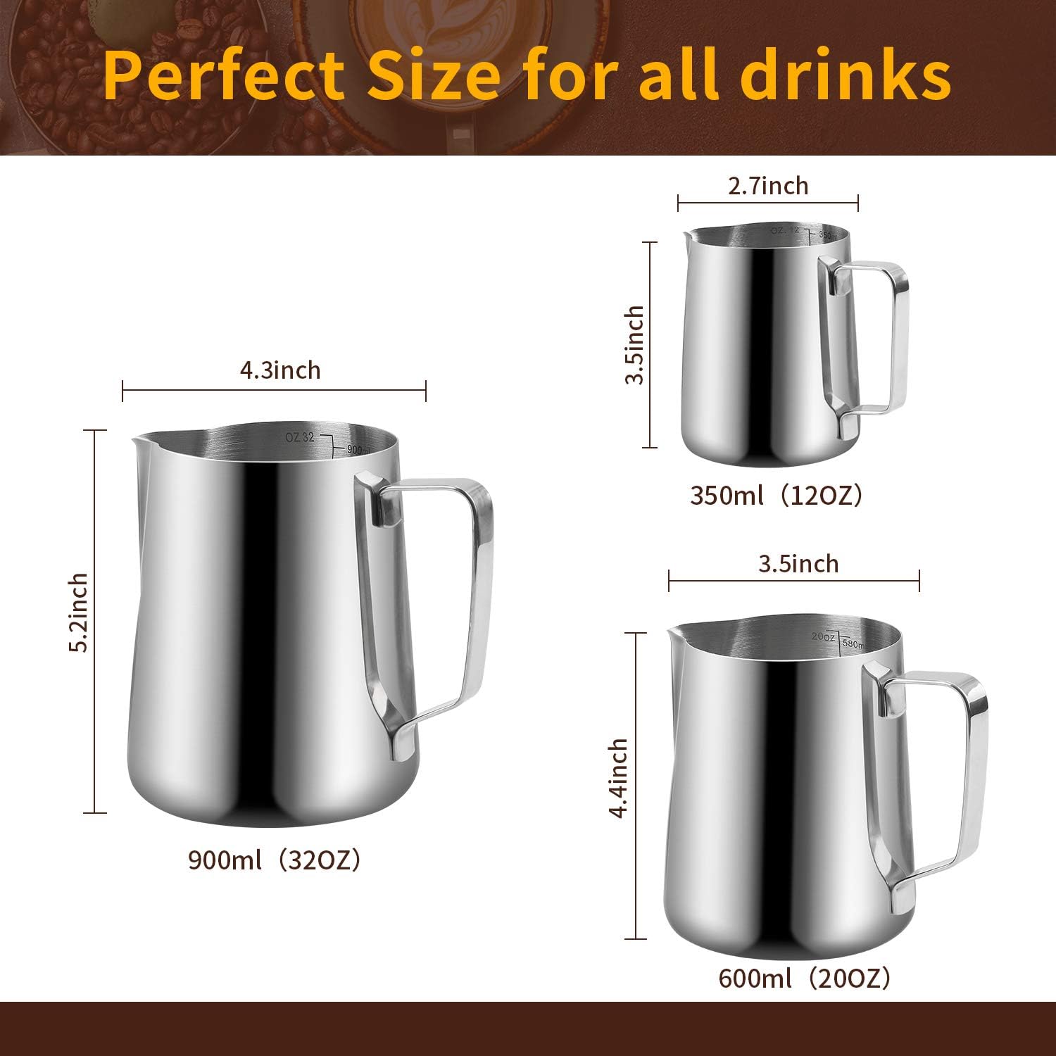 Espresso Milk Frothing Pitcher, Stainless Steel 300Z/900ML Coffee Milk Frother Cup with Decorating Art Pen for Espresso Machine, Latte Art