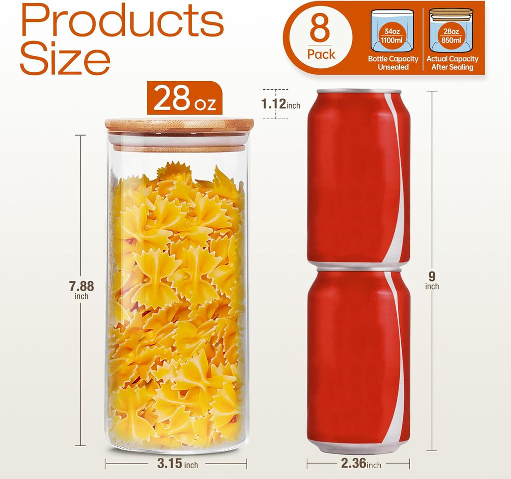 Glass Jars with Bamboo Lids 28 floz [Set of 8], Glass Canisters with Airtight Lids, Glass Food Storage Containers for Pasta, Oats, Coffee, Flour, Sugar, Rice, Best for Kitchen & Pantry