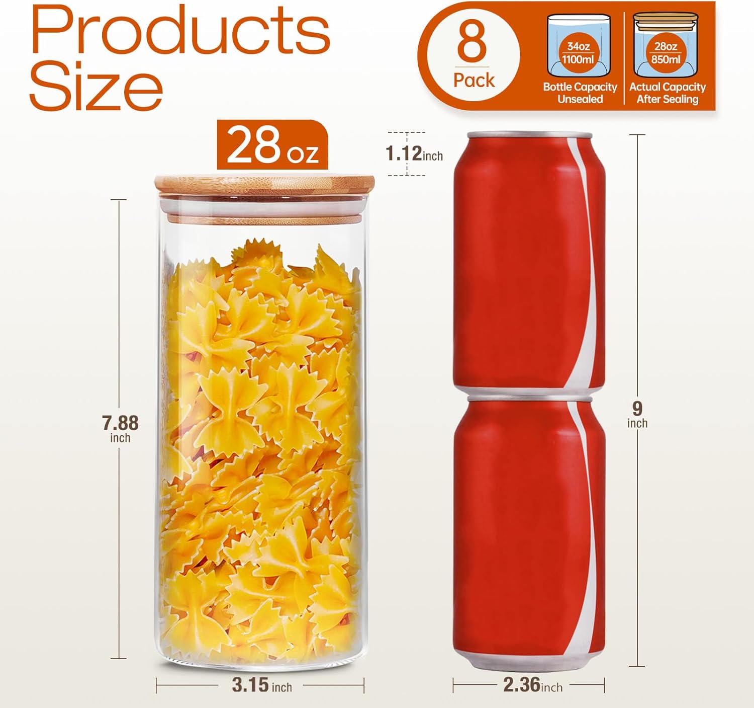 Glass Jars with Bamboo Lids 28 floz [Set of 8], Glass Canisters with Airtight Lids, Glass Food Storage Containers for Pasta, Oats, Coffee, Flour, Sugar, Rice, Best for Kitchen & Pantry