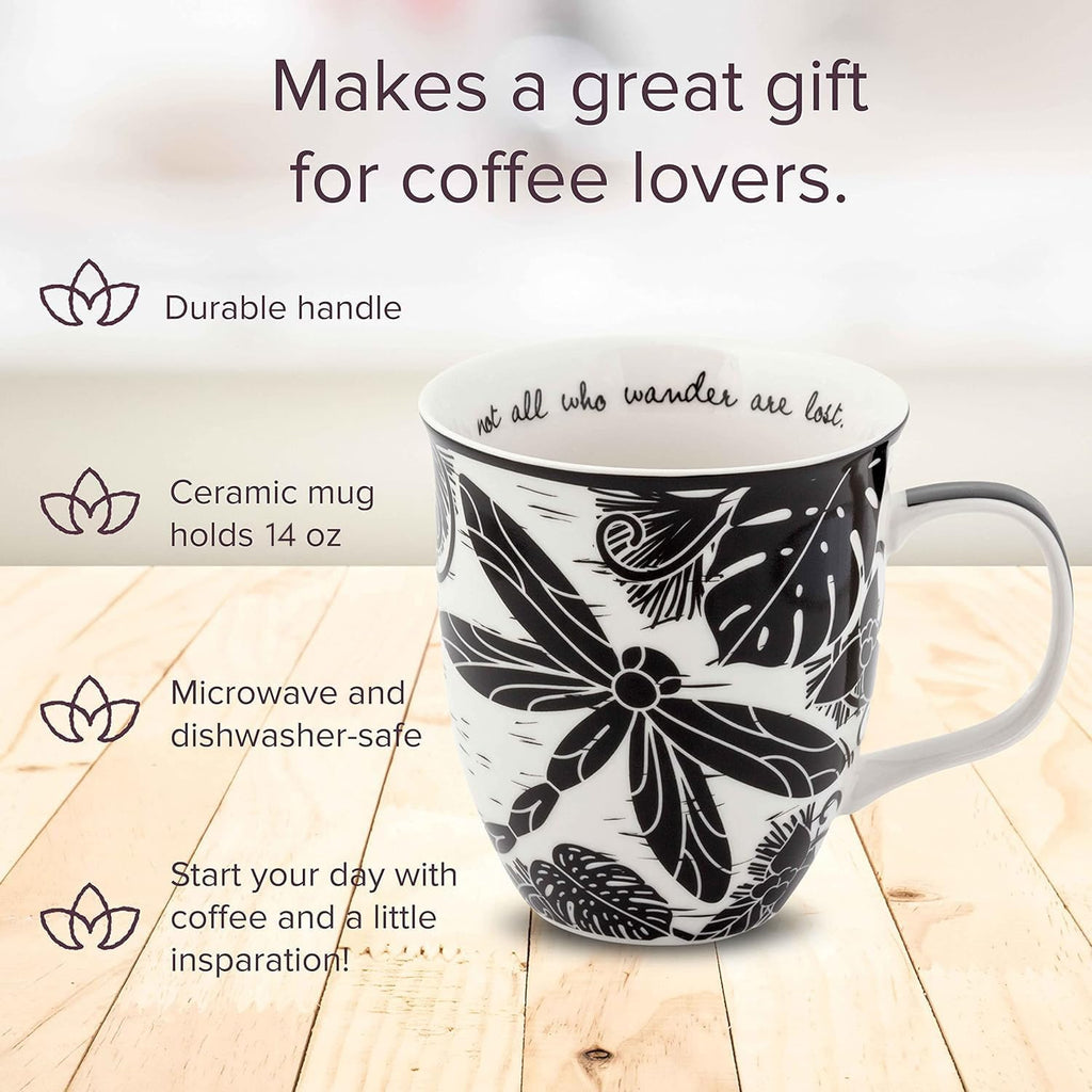 Karma Gifts 16 oz Black and White Boho Mug Dragonfly - Cute Coffee and Tea Mug - Ceramic Coffee Mugs for Women and Men