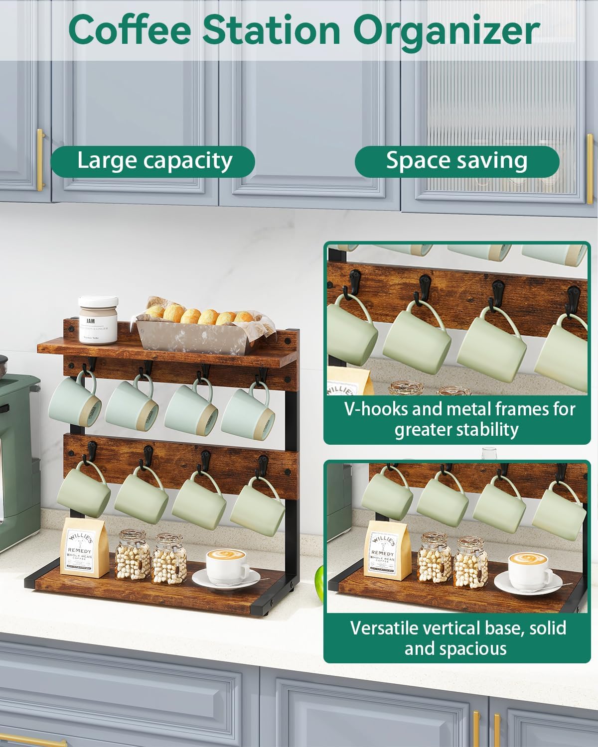 IBUYKE Rustic Coffee Mug Holder Stand, 2 Tier Countertop Mug Tree Holder Rack with Storage Base, Vintage Mug Holders for Kitchen, Holds 8 Mugs, Rustic Brown UTBJ002H