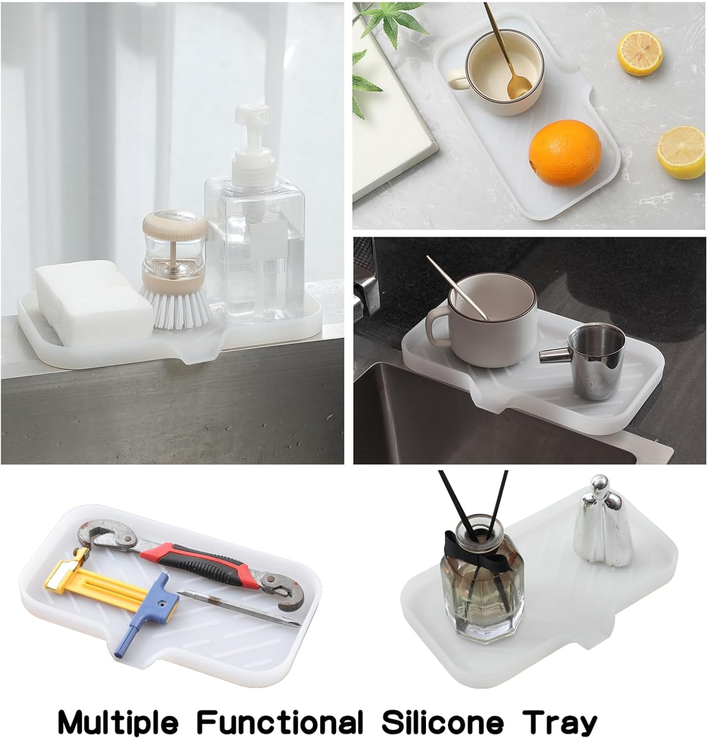 Silicone Bathroom Soap Dishes with Drain Spout-Bathroom and Kitchen Sink Organizer,Sponge Holder,Dish Soap Tray,Perfect for Dispenser,Scrubber,Bottle,Cup on Counter Translucent 9.6"×5.3"