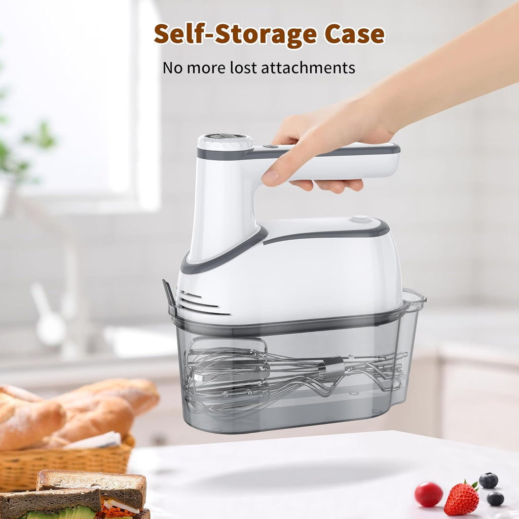 Cordless Electric Hand Mixer: 12 Speeds Powerful Handheld Mixer with 6 Stainless Steel Attachments (2 Beaters, 2 Dough Hooks, 2 Whisks), Snap-On Storage Case & Eject Button (White)