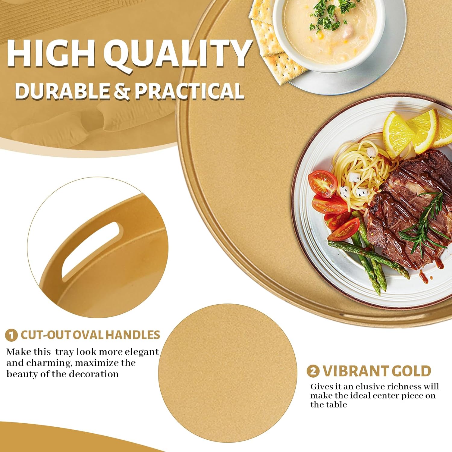 MAONAME 13" Gold Round Decorative Tray for Coffee Table, Modern Serving Tray with Handles, Plastic Ottoman Trays, Bathroom Decor