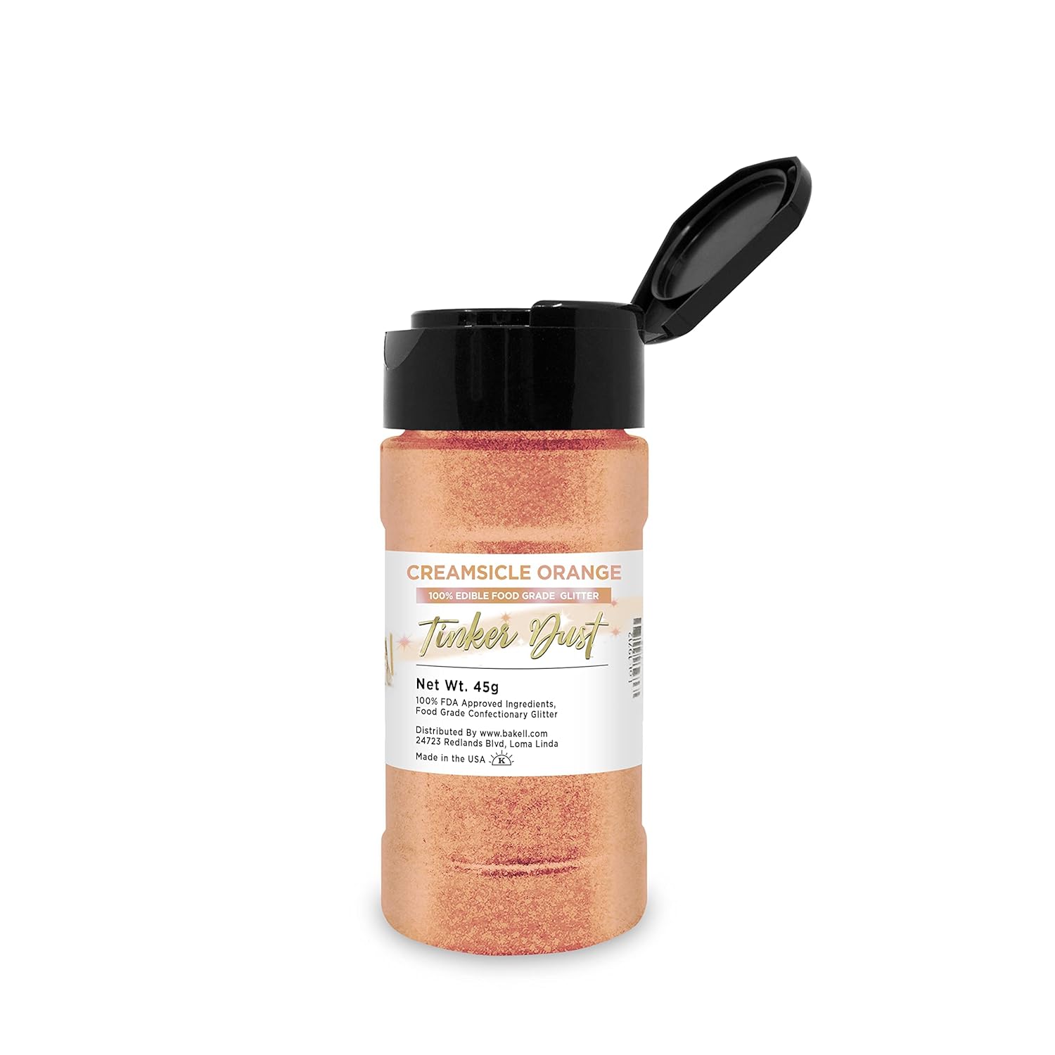 Bakell - Tinker Dust Creamsicle Orange Edible Glitter for Cakes, Cupcakes, Cake Pops, Drinks, Desserts and Beverages, 1x 45g Shaker Jar