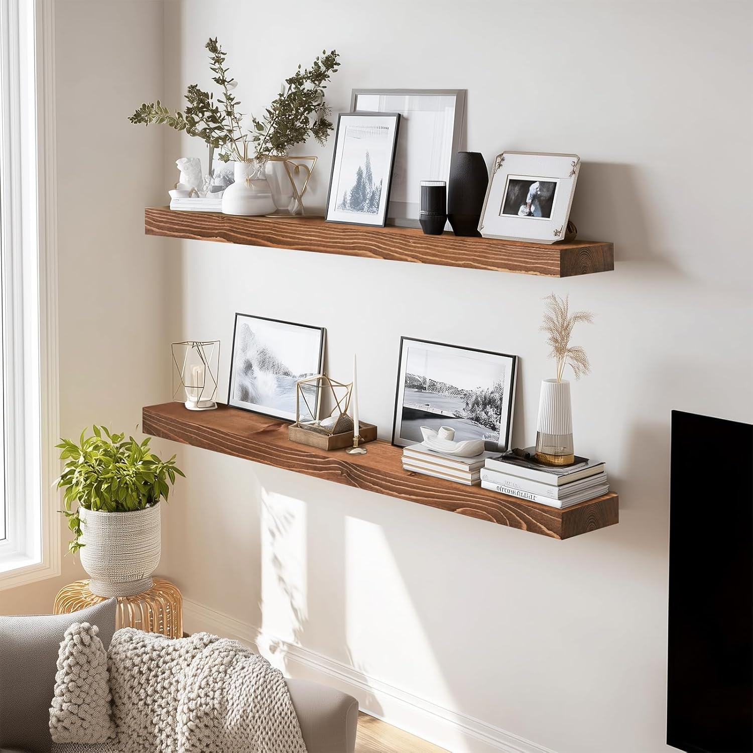 36x8x1.6 inch Floating Shelves Set of 2 – Solid Wood Rustic Brown Wall Mounted Shelf for Kitchen, Bathroom, Living Room