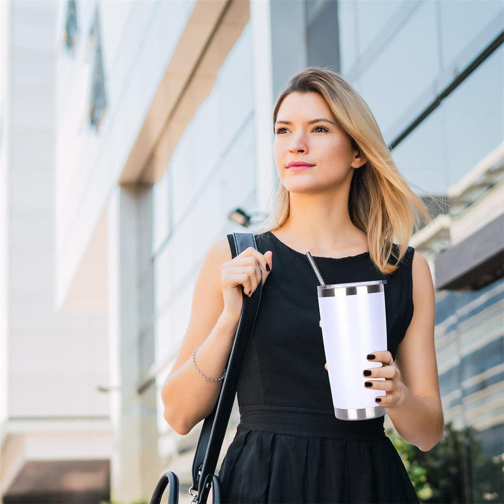 Pandance 20oz Stainless Steel Insulated Tumblers with Lid and Straw Bulk, Double Wall Vacuum Water Cups for Hot & Iced Coffee Drinks Travel Mug (White, 12 pack)