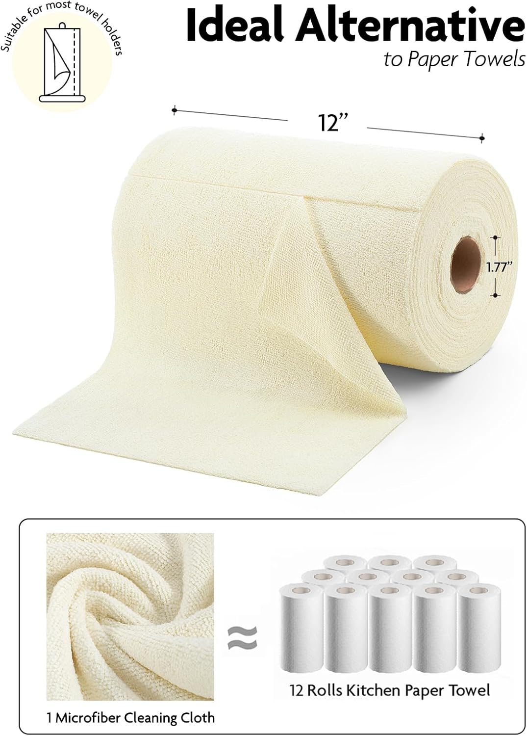 Fantasticlean Microfiber Cleaning Cloth Roll -75 Pack, Tear Away Microfiber Towels, 12" x 12", Reusable, Washable, Scratch Free, Ultra Absorbent Dishcloth for Home Supplies, Car, Pet, Kitchen (Beige)