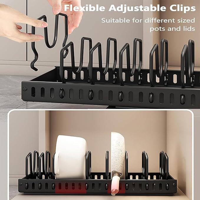 AmoiChic Pull Out Cabinet Organizer for Pots and Pans, Black Storage Rack with 8 Adjustable Dividers, Kitchen Countertop Lid Holder for Pot Lid, Bakeware, Dishes Storage, 2 Pack