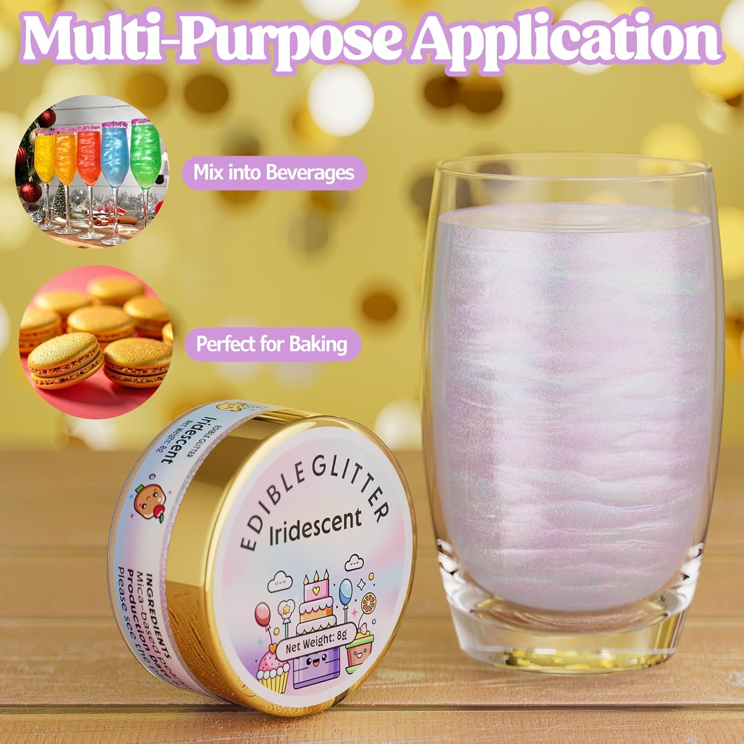 Nomeca Edible Glitter for Drinks Cakes, 8 grams Food Grade Luster Dust Sprinkles Glitter for Cake Decorations, DIY Cocktails, Beverages & Cake Decorating, Dessert Cake Topper (3-Iridescent)