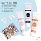 Halloween Frosting Kit with Sprinkles & Eyeballs – 11.31 oz Decorating Set with 3 Frosting Tubes (Orange, Black, White), 4 Nozzles & 2 oz Sprinkle Mix – Cookie & Cupcake Kit for Kids & Families