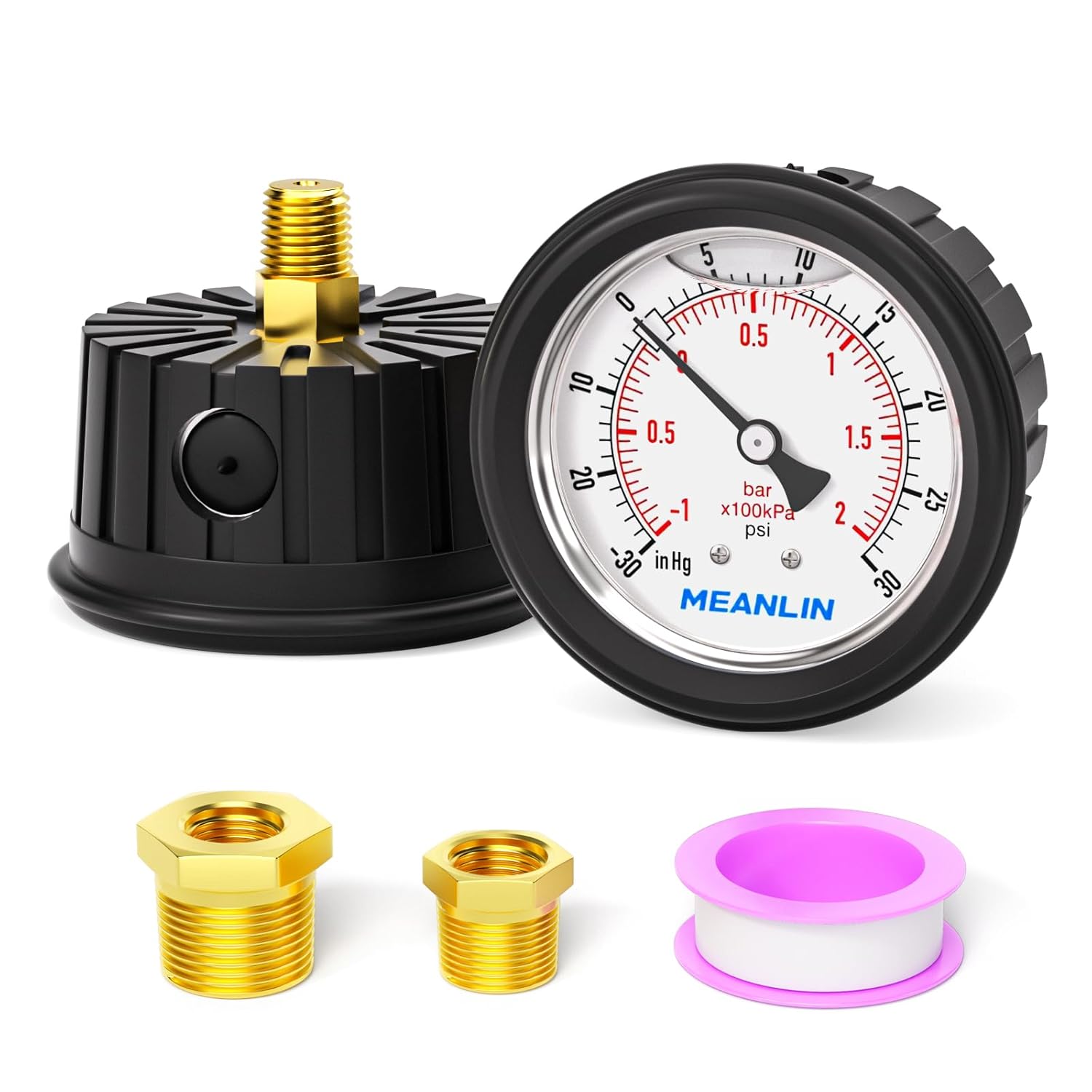 MEANLIN MEASURE -30inHG~30Psi Stainless Steel 1/4" NPT 2.5" FACE DIAL Vacuum Pressure Gauge, Center Back Mount (with Rubber Protective Sleeve), with 1/2" NPT and 3/8" NPT Hex Bushing