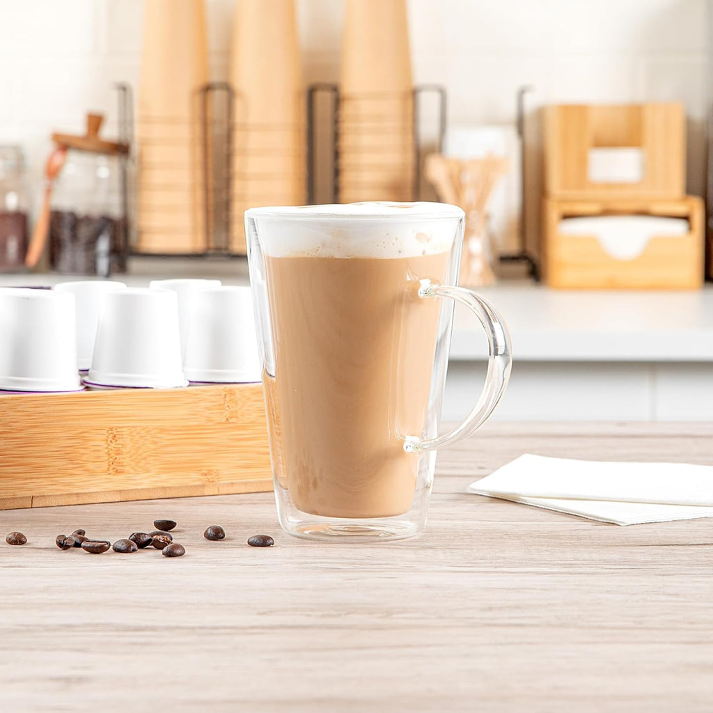 Restaurantware-Forma Professional 13.5 oz Double Wall Glass Mugs, 2 Insulated Coffee Mugs With Handle - Dishwashable, Reusable, Clear Glass Beverage Cups, Freezable, For Hot Or Cold Beverages