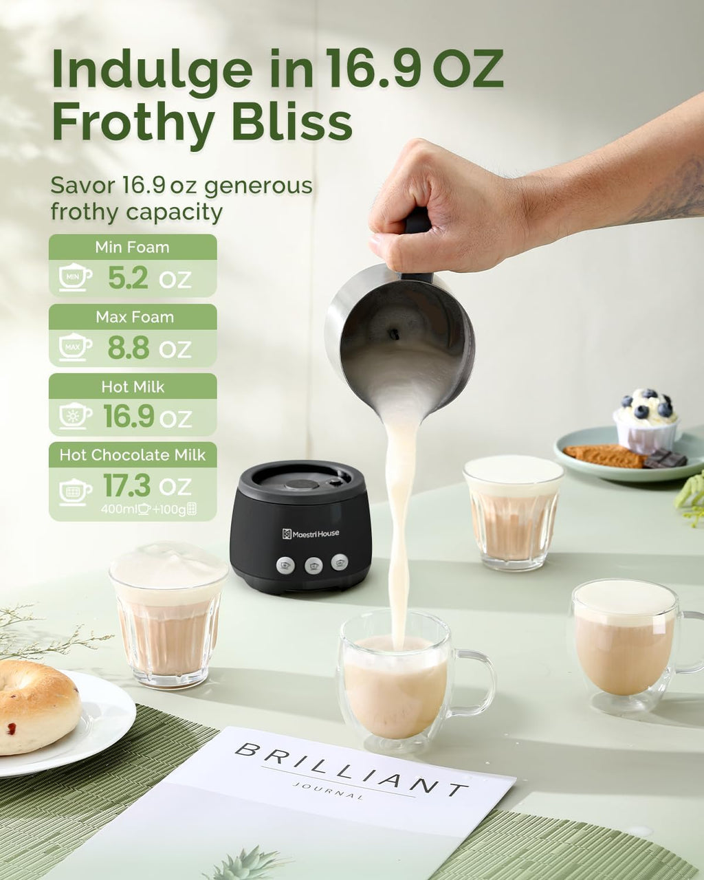 Maestri House Milk Frother, 4-in-1 Electric Milk Steamer and Frother, 16.9OZ 600W Smart Touch Control Hot and Cold Foam Maker, Memory Function for Latte, Cappuccinos, Warm Milk, Hot Chocolate Milk