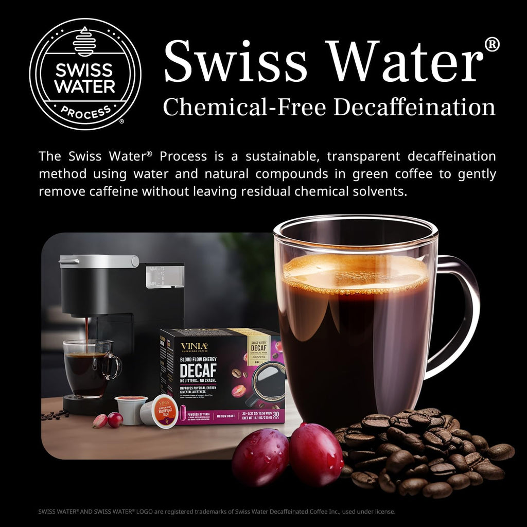 VINIA Blood Flow DECAF Coffee - Medium Roast Superfood Coffee Pods, Swiss Water Process Powered by Red Grape Piceid Resveratrol Boost Energy Compatible with K Cup Coffee Pods Machines, Caffeine Free, 30 Ct