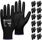 KAYGO Safety Work Gloves PU Coated,12 Pairs KG11PB Seamless Knit Glove for Men and Women, with Smooth Grip on Palm and Fingers, Ideal for General Duty Work (X-Small, Black)