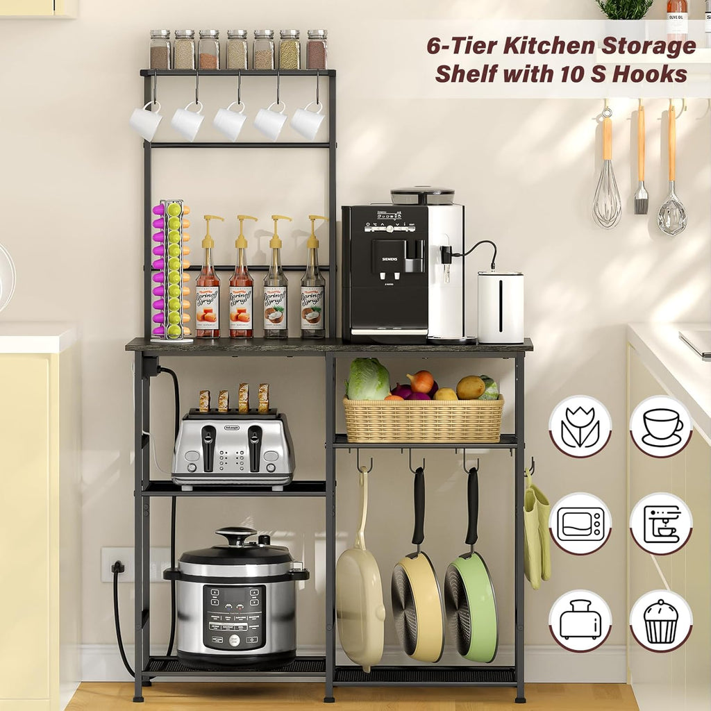 Bakers Rack with Power Outlet, Kitchen Microwave Stand with 10 S-shaped Hooks, 6-Tier Coffee Bar Station, Kitchen Storage Shelf Rack for Spices, Pots, Gray
