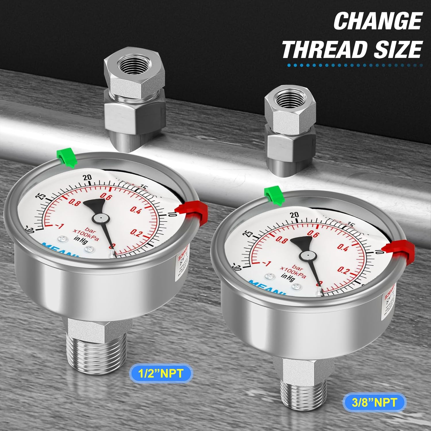 MEANLIN MEASURE -30inHG~0Psi Vacuum Pressure Gauge 316 Stainless Steel Joint 1/4" NPT 2.5" FACE DIAL, Liquid Filled Pressure Gauge WOG Water Oil Air Back Mount with Stainless Steel Hex Bushing, Snaps