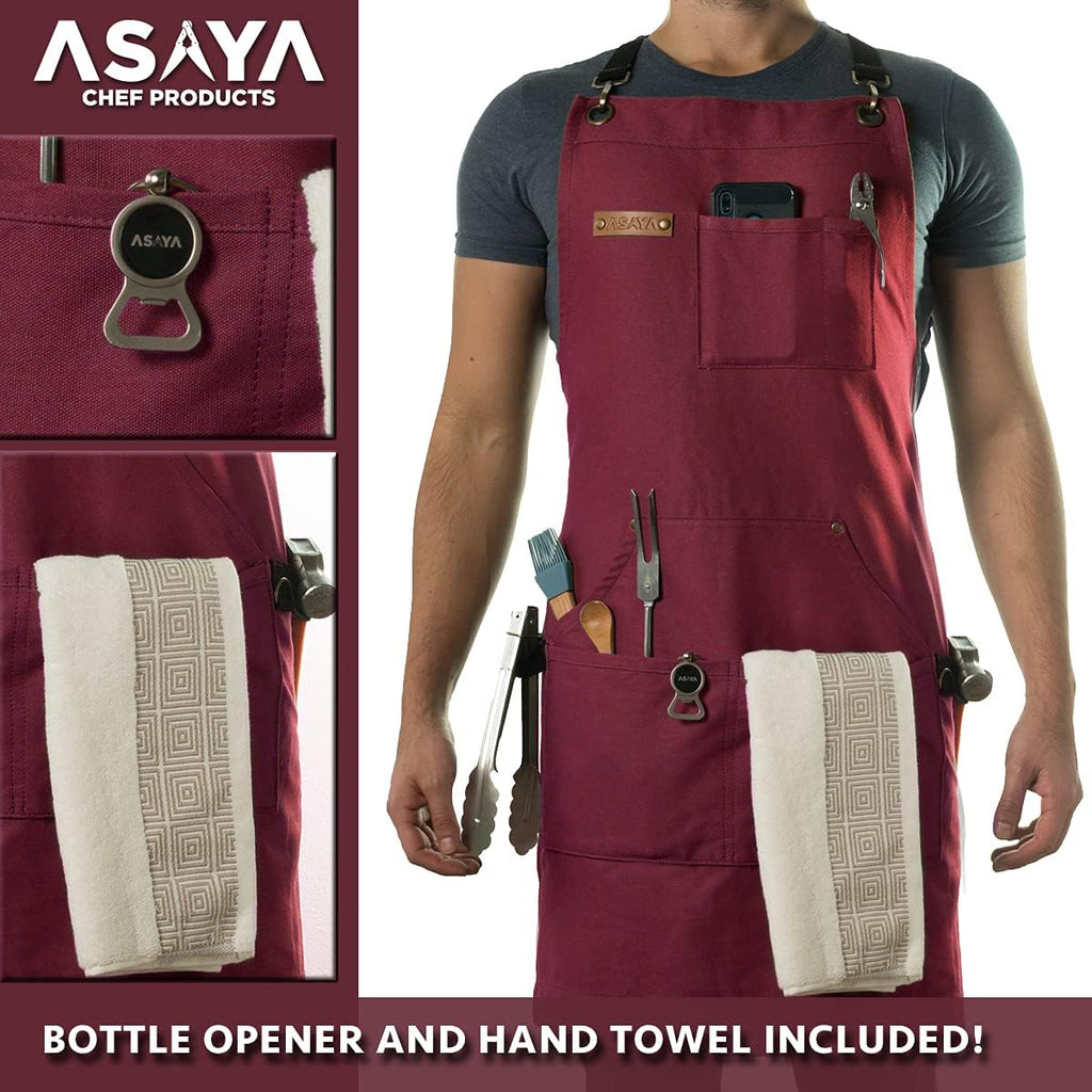 Asaya Chef and BBQ Apron with Bottle Opener and Hand Towel - 10oz Cotton Canvas, Stainless Steel Hardware - Cross Back Straps