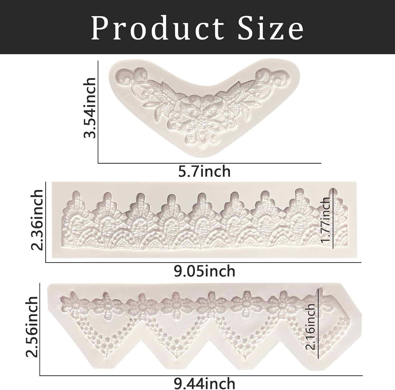 Lace Fondant Mold Set of 3, Edible Lace border Cake Decorating Imprint Mat Silicone Molds for Wedding, Valentine's Day, Chocolate, Cupcake, Cookies, Gum, Candy, Marzipan, Polymer Clay, Epoxy Crafts