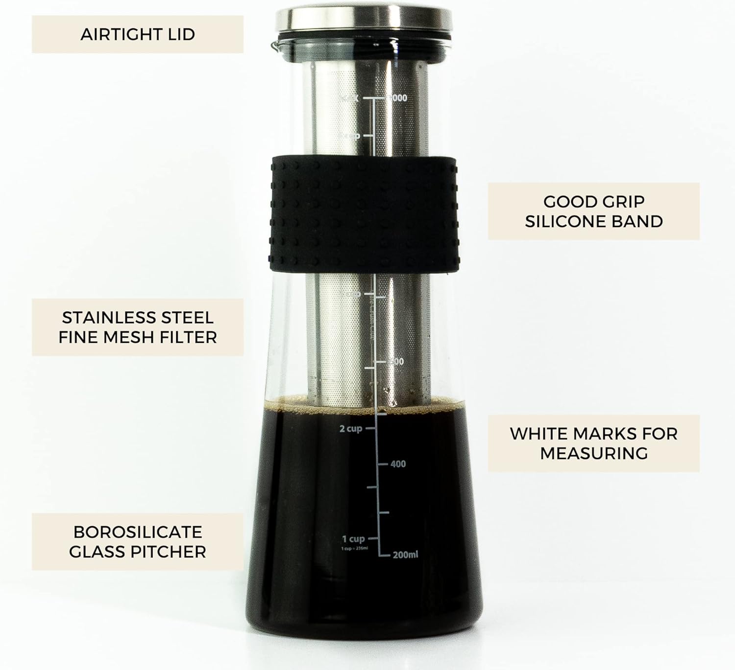 Cafe Crush Club Cold Brew Coffee Maker | Fire Toughened Borosilicate Glass | 304 Stainless Steel Infuser | 1000ml / 34 oz | Cold Brew Iced Coffee Pitcher