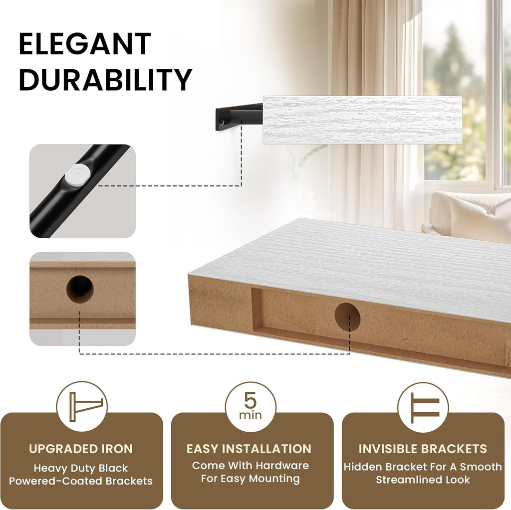 Floating Shelves for Wall, 72"W x 9.3"D x 1.5"H, Long Wooden Wall Mounted Display Shelves with Invisible Brackets for Living Room, Bedroom, Bathroom, Kitchen Decor and Storage, Set of 1, White