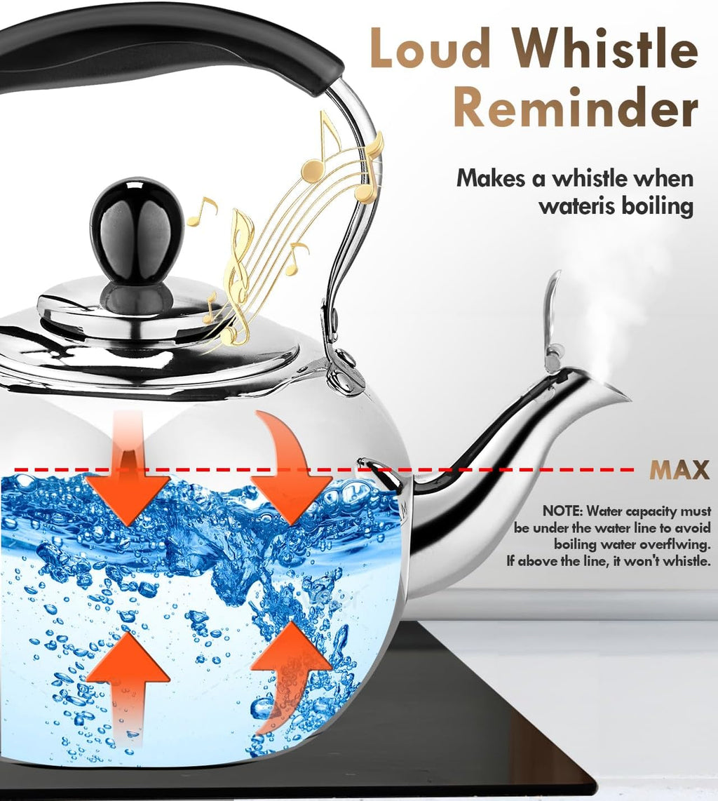 Whistling Tea Kettle Stovetop - 2.3 Quart Round Tea Pot for Stovetop, Silver Mirror Polished Classic Stovetop Kettle, Food Grade Material Teapot for Stove Top