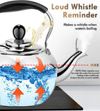 Whistling Tea Kettle Stovetop - 2.3 Quart Round Tea Pot for Stovetop, Silver Mirror Polished Classic Stovetop Kettle, Food Grade Material Teapot for Stove Top
