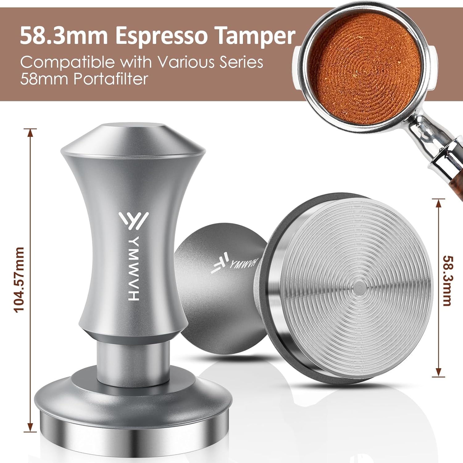 Espresso Tamper 58.3mm Barista Coffee Tamper with Dual Spring Loaded 100% Stainless Steel Ripple Base, Constant 30lb, Compatible with Espresso Machine Rancilio, Gaggia Portafilter, E61 Group(Silver)