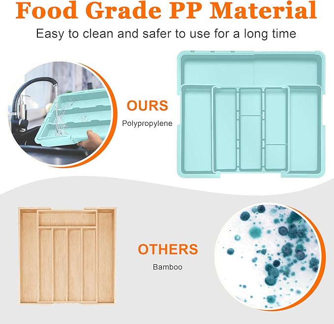 Large Utensil Drawer Organizer Expandable Silverware Organizer for Kitchen Drawer Adjustable Cooking Utensil Holder Cutlery Flatware Tray Spatula Tools Gadgets Storage Dividers Plastic Turquoise