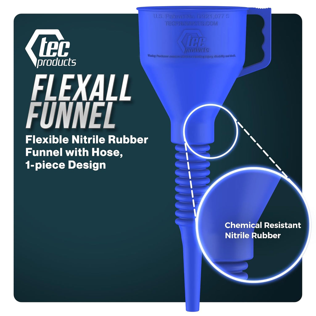 FlexAll Long Flexible Funnel for Automotive Use - Durable Nitrile Rubber - Ideal for Car Oil Change, Transmission Funnel Fluid, Diesel, Fuel, Gas - Made in USA - Blue (16 x 5 Inches)