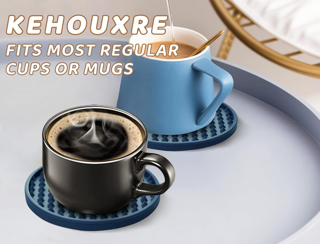 Coasters for Drinks 6 Pcs Drink Coaster with Holder,Heat Resistant Silicone Cup Mat Tabletop Protection,Non-Slip Rubber Coasters for Kinds of Cups (Blue)