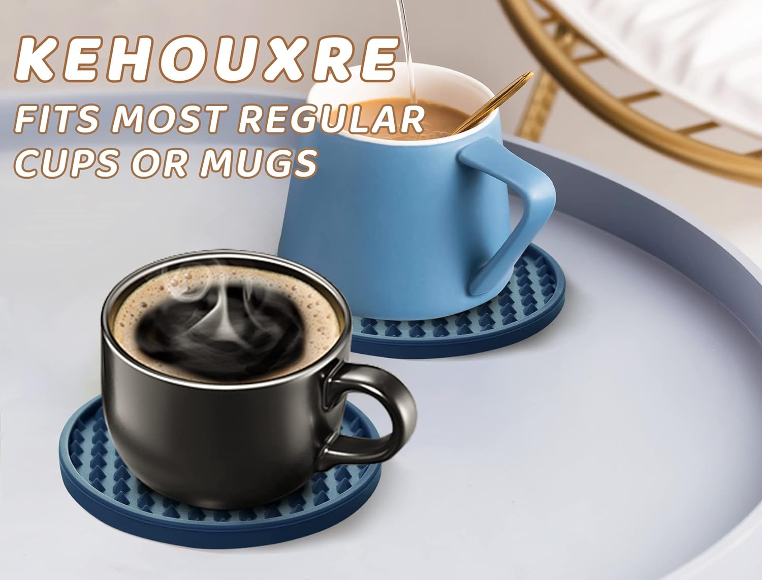 Coasters for Drinks 6 Pcs Drink Coaster with Holder,Heat Resistant Silicone Cup Mat Tabletop Protection,Non-Slip Rubber Coasters for Kinds of Cups (Blue)