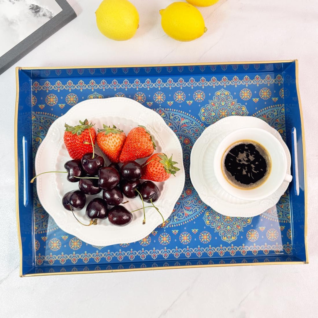 Boho Blue Decorative Tray, Serving Tray with Handles, Plastic Tray for Coffee Table, Ottoman - Ideal for Living Room & Bathroom. 15” x 11” x 2.5”