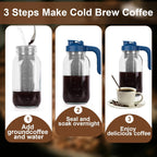 Cold Brew Coffee Maker Pitcher,64 Oz Heavy Duty Glass Mason Jar Pitcher with V-shaped Pour Spout Handle Lid,Stainless Steel Filter for Iced Coffee,Iced tea,Fruit Drinks,lemonade - Blue