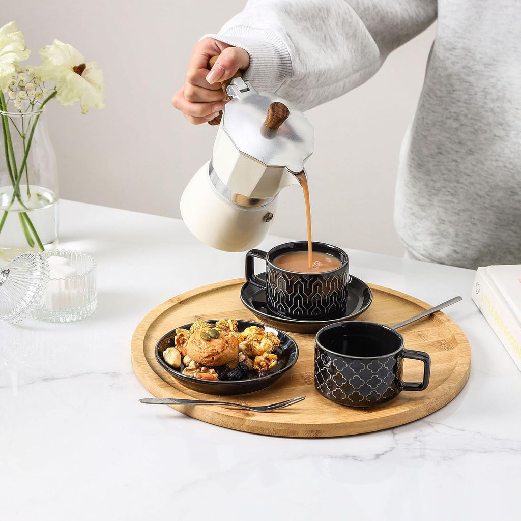 Sureasy Ceramic Espresso Cups Set of 4 – 4 oz Black Stackable Cappuccino Cups with Saucers and Metal Stand, Embossed Mugs for Latte, Mocha, Tea, and Specialty Coffee