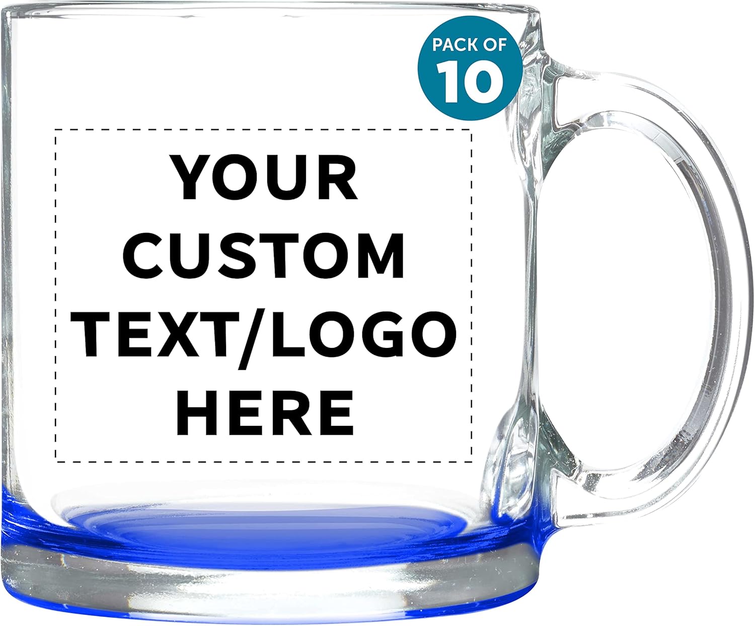 Custom Libbey Clear Glass Coffee Mugs 13 oz. Set of 10, Personalized Bulk Pack - Perfect for Coffee, Tea, Espresso, Hot Cocoa, Other Beverages - Blue Bottom